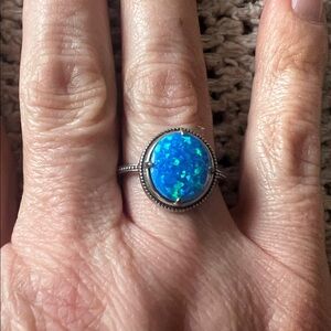 Blue Opal Round Sterling Ring - Elegant Women’s Jewelry